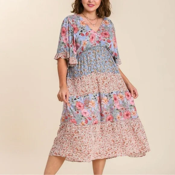 SOLD NWT Large Umgee Mixed Fabric Tiered Midi dress - Picture 4 of 10